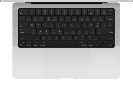 Imagem de cima do MacBook Pro de 14 polegadas mostrando o trackpad Force Touch localizado abaixo do teclado.
