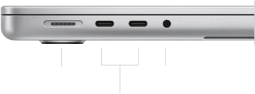 MacBook Pro de 14 polegadas com chip M3. O computador está fechado, mostrando na lateral esquerda a porta MagSafe 3, duas portas Thunderbolt / USB 4 e a entrada para fones de ouvido.