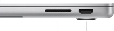 MacBook Pro de 14 polegadas. O computador está fechado, mostrando na lateral direita o slot para cartão SDXC e a porta HDMI.