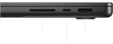 MacBook Pro de 14 polegadas com chip M3 Pro ou M3 Max. O computador está fechado, mostrando na lateral direita o slot para cartão SDXC, uma porta Thunderbolt 4 e a porta HDMI.