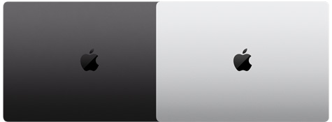 Parte externa de dois modelos de MacBook Pro de 16 polegadas mostrando as duas cores disponíveis.