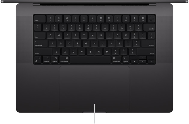 Imagem de cima do MacBook Pro de 16 polegadas mostrando o trackpad Force Touch localizado abaixo do teclado.