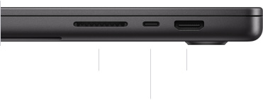 MacBook Pro de 16 polegadas. O computador está fechado, mostrando na lateral direita o slot para cartão SDXC, uma porta Thunderbolt 4 e a porta HDMI.