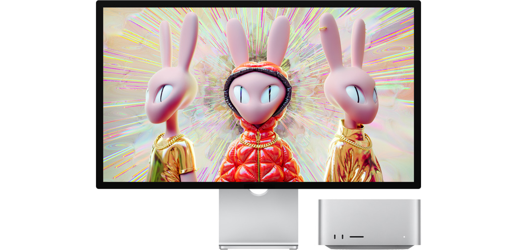 Mac Studio ao lado de um Studio Display mostrando uma imagem 3D de personagens coelhos humanoides.
